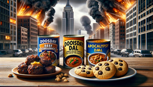 Et billede af kreative prepper-mad opskrifter, herunder dåseboeuf bourguignon, doomsday daal og apocalypse peanut butter cookies. Teksten opfordrer til at opgradere din nødproviant med gourmet smag og deler opskriftsideen med andre skeptikere. 🍲🍪.
