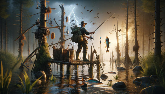 Billedebeskrivelse: Person, der fisker uden fiskestang, ved hjælp af avancerede teknikker som håndfiskeri og fiskefælder af grene. En illustration af overlevelsesfiskeri i naturen uden moderne udstyr.