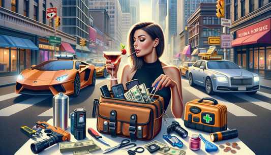 En stilfuld skuldertaske med urban survival gear: multitool, lommelygte, powerbank, førstehjælpssæt og kontanter. Alt klar til at tackle byens udfordringer med humor og overskud! 🏙️🎒🔦 #byprepping