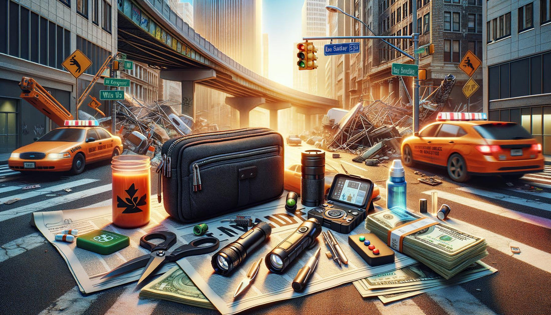 Et minimalistisk urban EDC-kit til nødsituationer i byen: multitool, lommelygte, powerbank, vandrensning, kontanter. Stay prepared and stylish in the face of chaos. #urbanprepping #minimalistprepping.