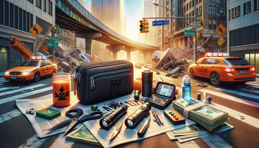 Et minimalistisk urban EDC-kit til nødsituationer i byen: multitool, lommelygte, powerbank, vandrensning, kontanter. Stay prepared and stylish in the face of chaos. #urbanprepping #minimalistprepping.