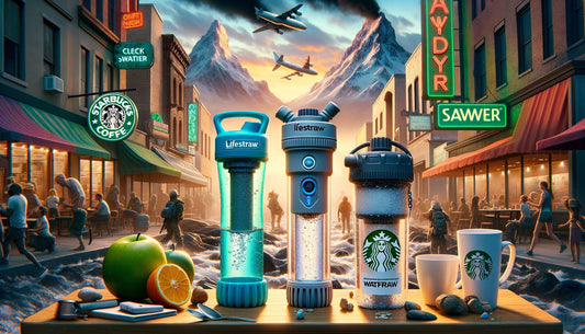 Billede af tre forskellige bærbare vandfiltre til prepping-situationer: Lifestraw, Sawyer Mini og Katadyn BeFree. Beskrivelse af hver filter og deres egenskaber i en post-apokalyptisk verden uden rent vand.