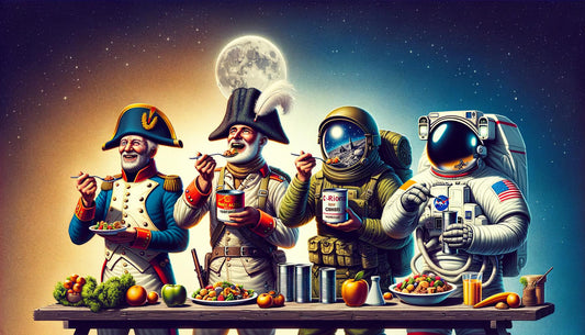 Billede af dåser med langtidsholdbar mad, med illustrationer af Napoleon, soldater under Anden Verdenskrig og astronauter fra NASA. Teksten "Fra Napoleon til NASA: Hvorfor langtidsholdbar mad altid har været en lifesaver".